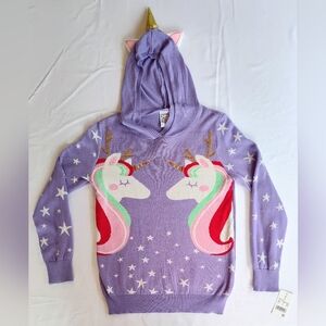 NWT Large Unicorn Holiday Hooded Pullover Sweater Purple with Stars